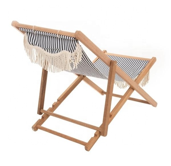 China Chair Supplier Folding Portable Canvas With Fringe Customized Printing OEM Wooden Beach Sling Chair