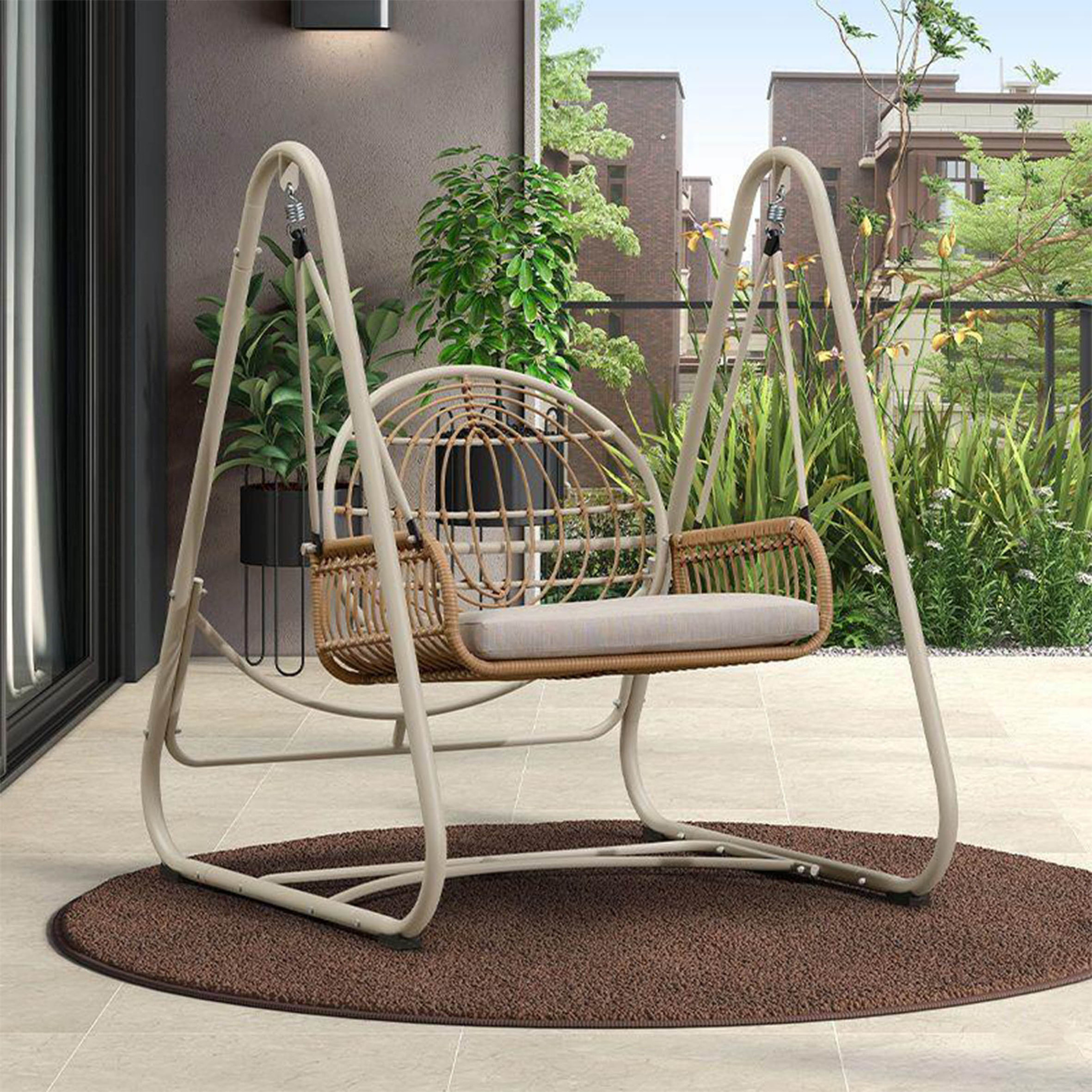 KD double seat hanging chair patio PE rattan loveseat,hanging basket PE wicker swing chair outdoor garden set/