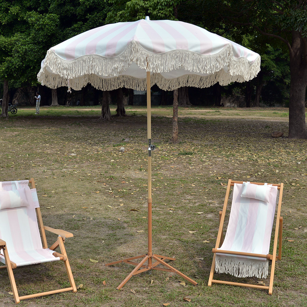 Parasol Chairs Luxury Boho Beach Fringe Umbrella Swimming Pool Tassel Wood Large Patio Outdoor Outdoor Furniture Logo Printing