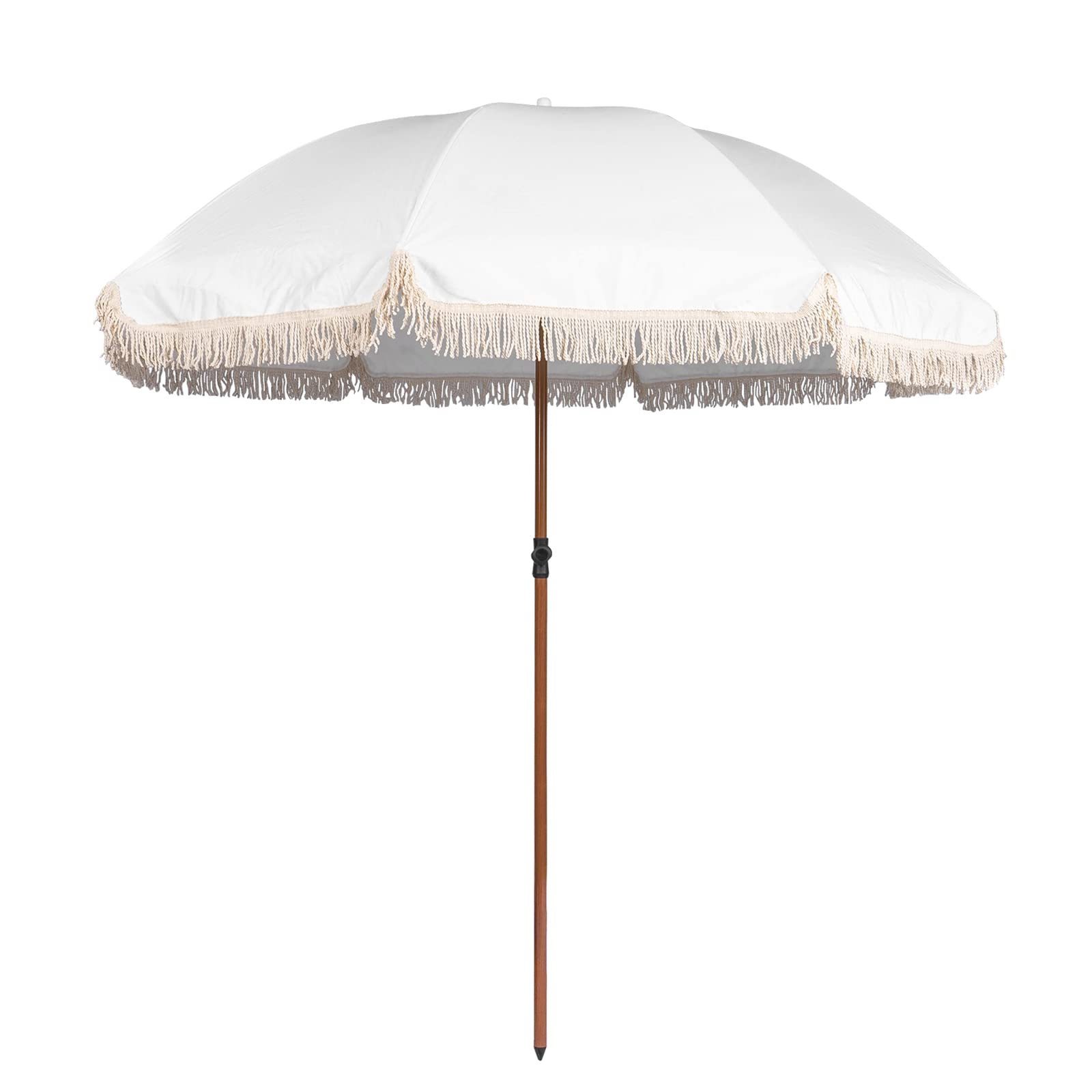 7ft Patio Umbrella with Fringe Outdoor Tassel Umbrella UPF50+ Wood Color Steel Pole and Steel Ribs Push Button Tilt