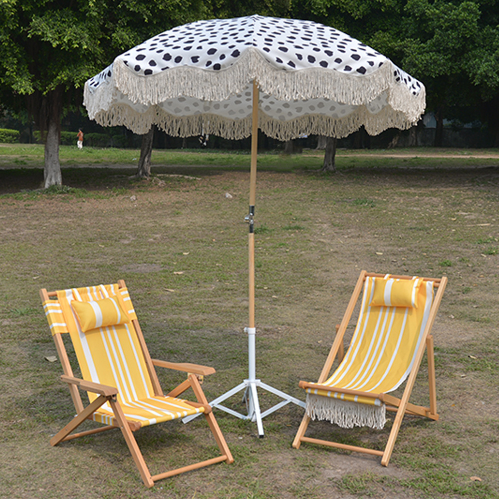 Parasol Chairs Luxury Boho Beach Fringe Umbrella Swimming Pool Tassel Wood Large Patio Outdoor Outdoor Furniture Logo Printing