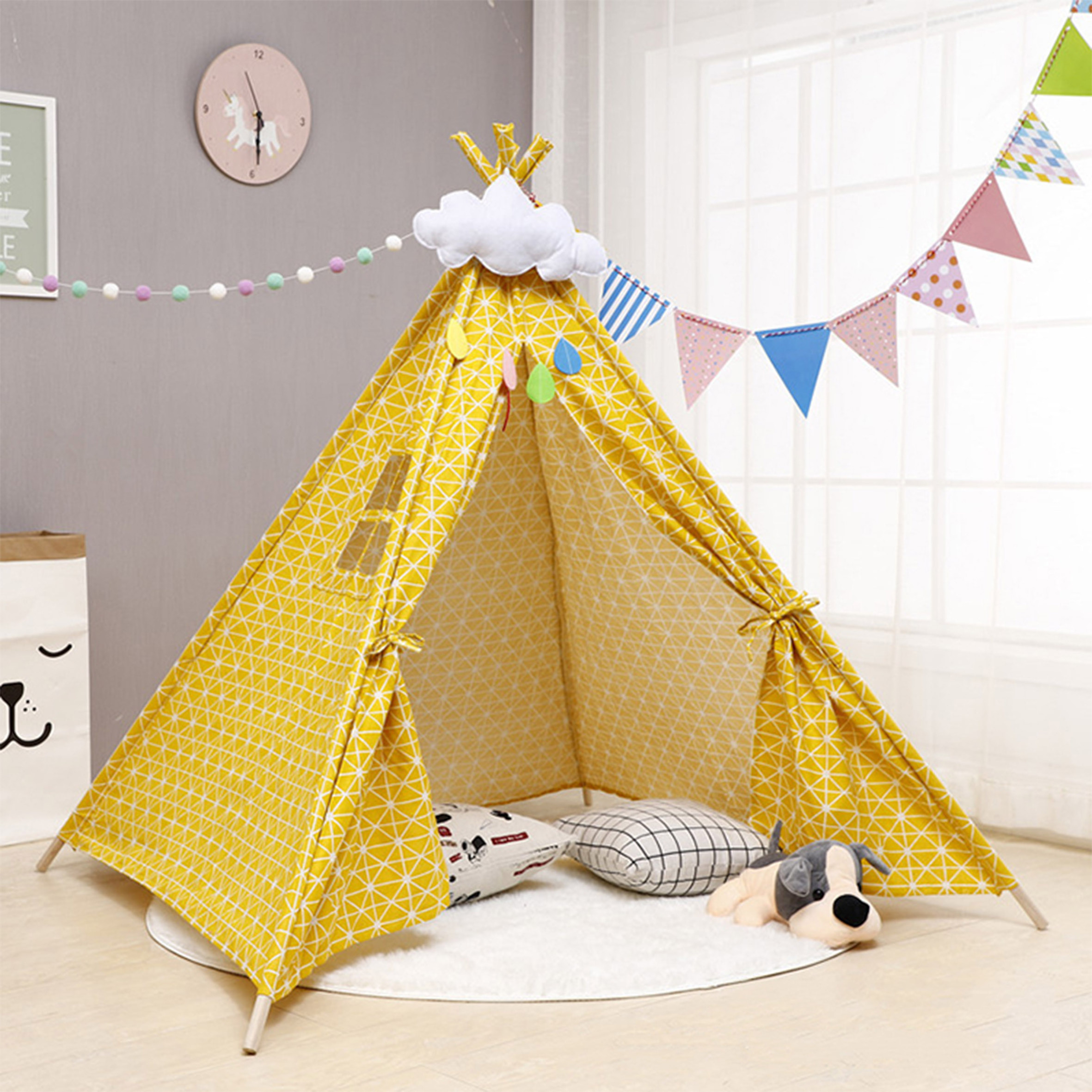 2023 Cotton Fabric Foldable Tents with Mesh Windows Curtain,Kids Play Tents Children Indoor Yurt Teepee Playhouse for Baby/