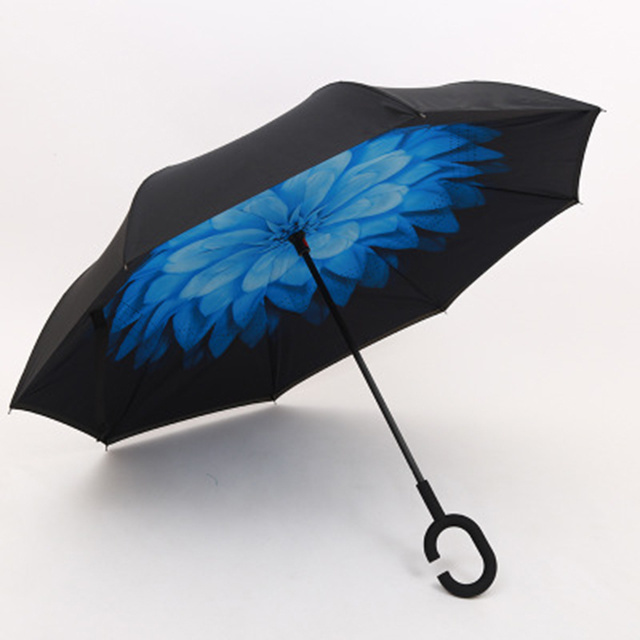 Wholesale Double Sided Custom Logo Windproof Easy Carrying C Shaped Handle Reverse Double Layer Inverted Folding Umbrella