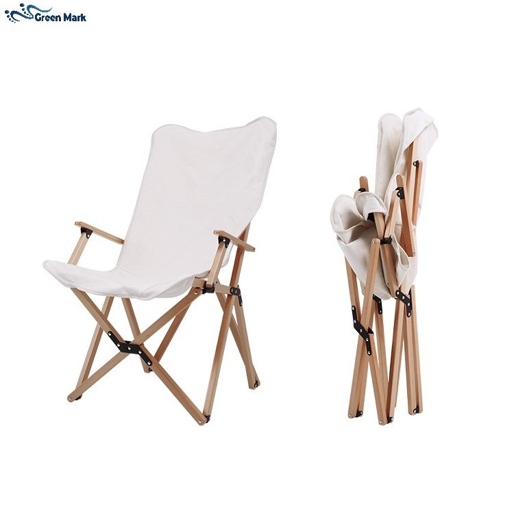 Customized Beach Chair Camping Folding Wood Chairs Beech Canvas Outdoor Furniture Contemporary Moon Chair Easy Foldable Outdoor