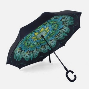 Wholesale Double Sided Custom Logo Windproof Easy Carrying C Shaped Handle Reverse Double Layer Inverted Folding Umbrella