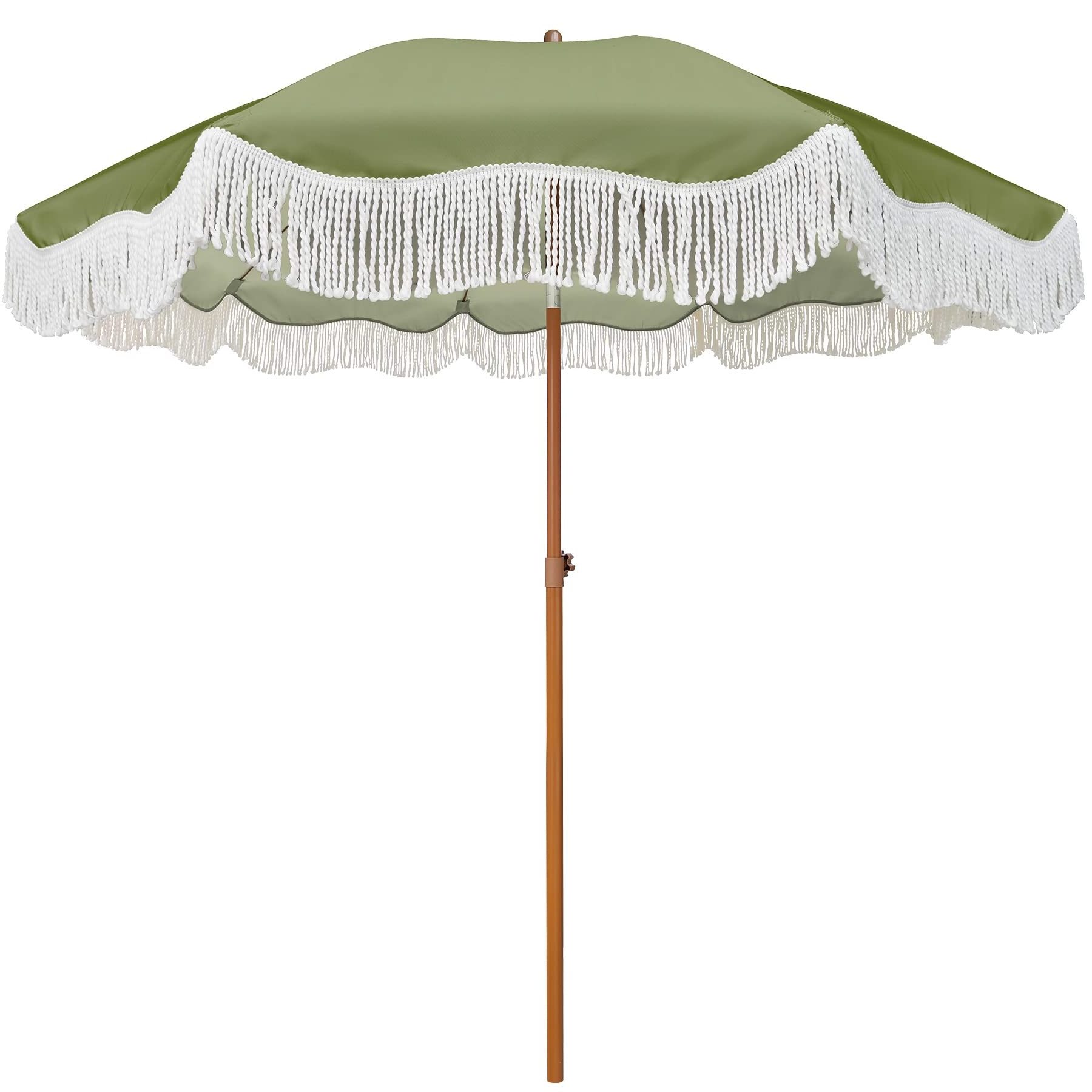 7ft Patio Umbrella with Fringe Outdoor Tassel Umbrella UPF50+ Wood Color Steel Pole and Steel Ribs Push Button Tilt