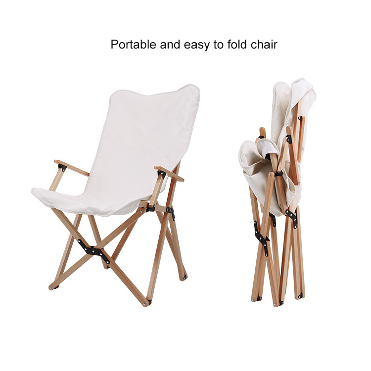 Customized Beach Chair Camping Folding Wood Chairs Beech Canvas Outdoor Furniture Contemporary Moon Chair Easy Foldable Outdoor