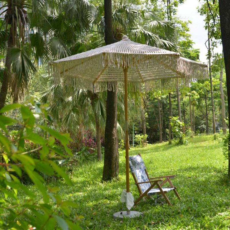 Luxury outdoor furniture wooden cotton rope woven folding garden umbrella