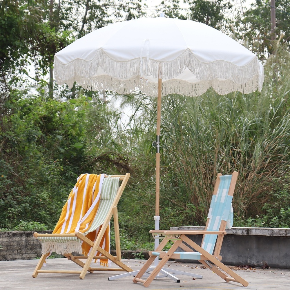 Parasol Chairs Luxury Boho Beach Fringe Umbrella Swimming Pool Tassel Wood Large Patio Outdoor Outdoor Furniture Logo Printing