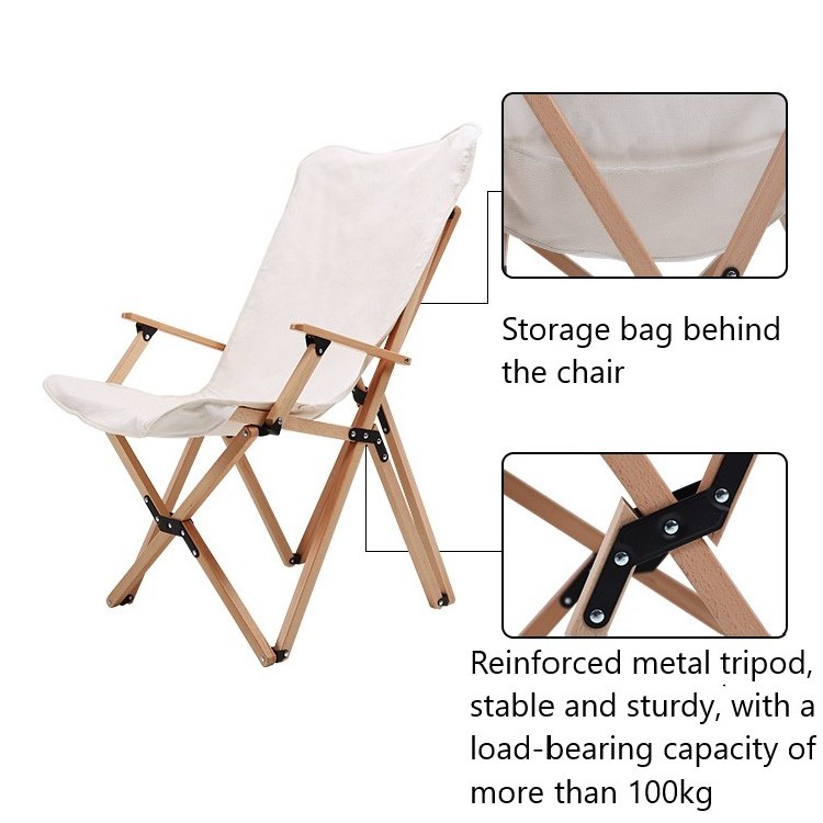 Customized Beach Chair Camping Folding Wood Chairs Beech Canvas Outdoor Furniture Contemporary Moon Chair Easy Foldable Outdoor