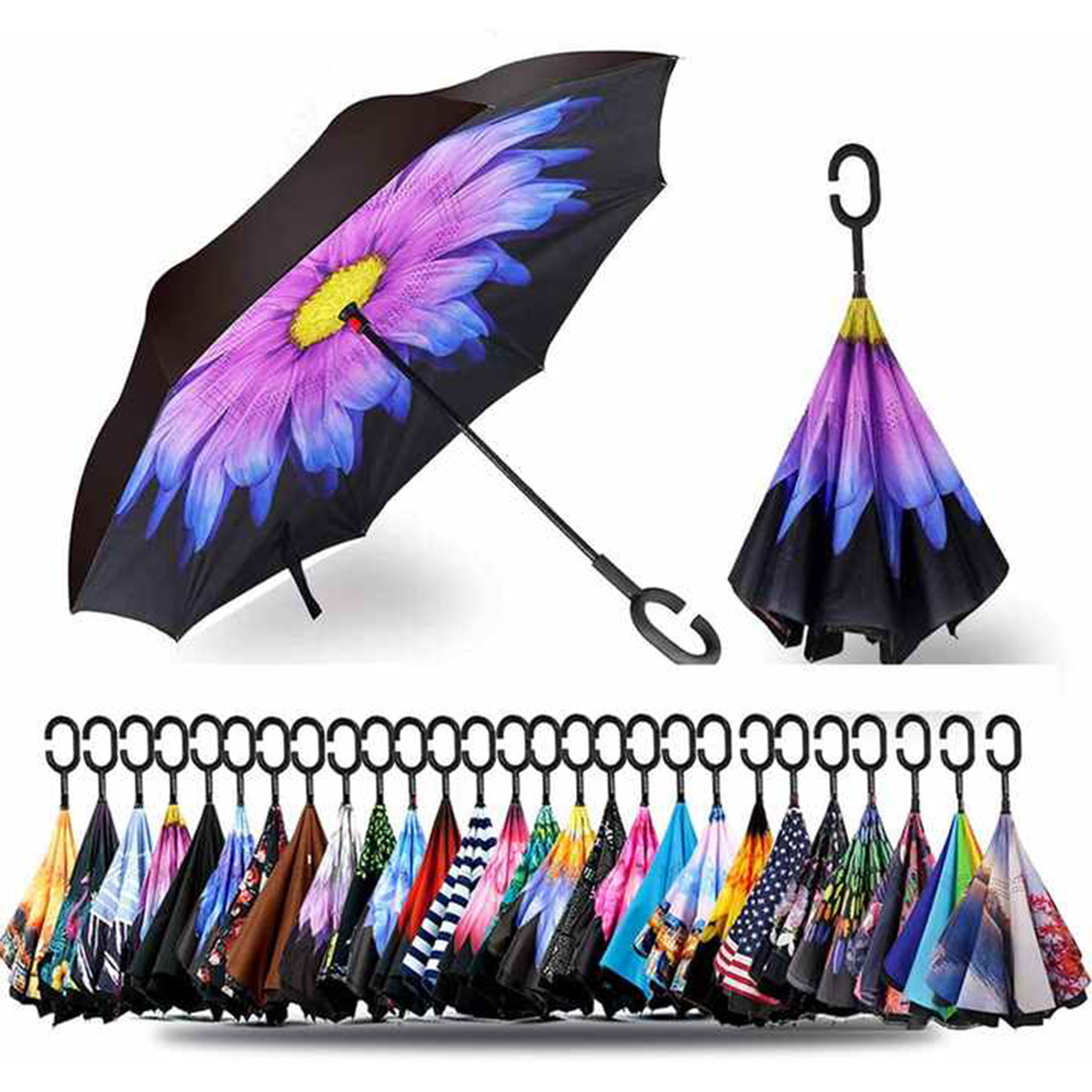 China made C Hook Hands free Handle auto,open manual close Waterproof Elegant Inverted Rain Sun Umbrellas/