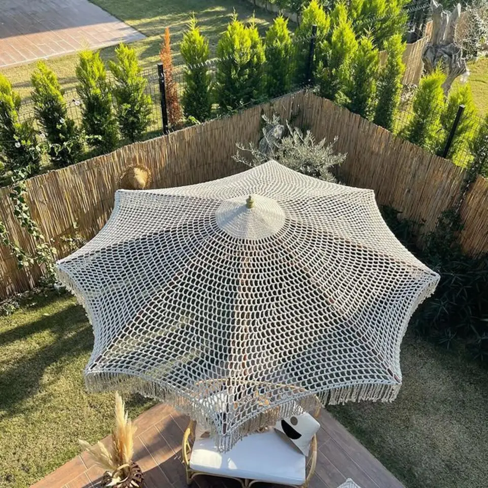 Luxury outdoor furniture wooden cotton rope woven folding garden umbrella