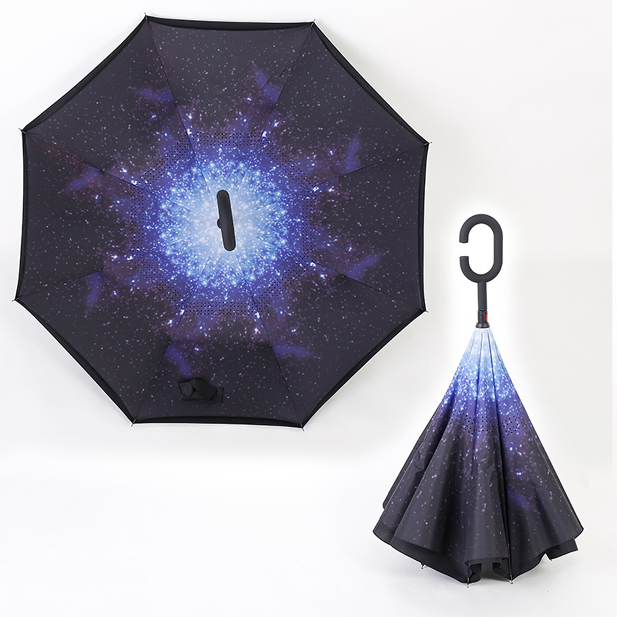 Chinese Manufacture New fashion design hands,free C handle smart double layers inverted rain Umbrellas/