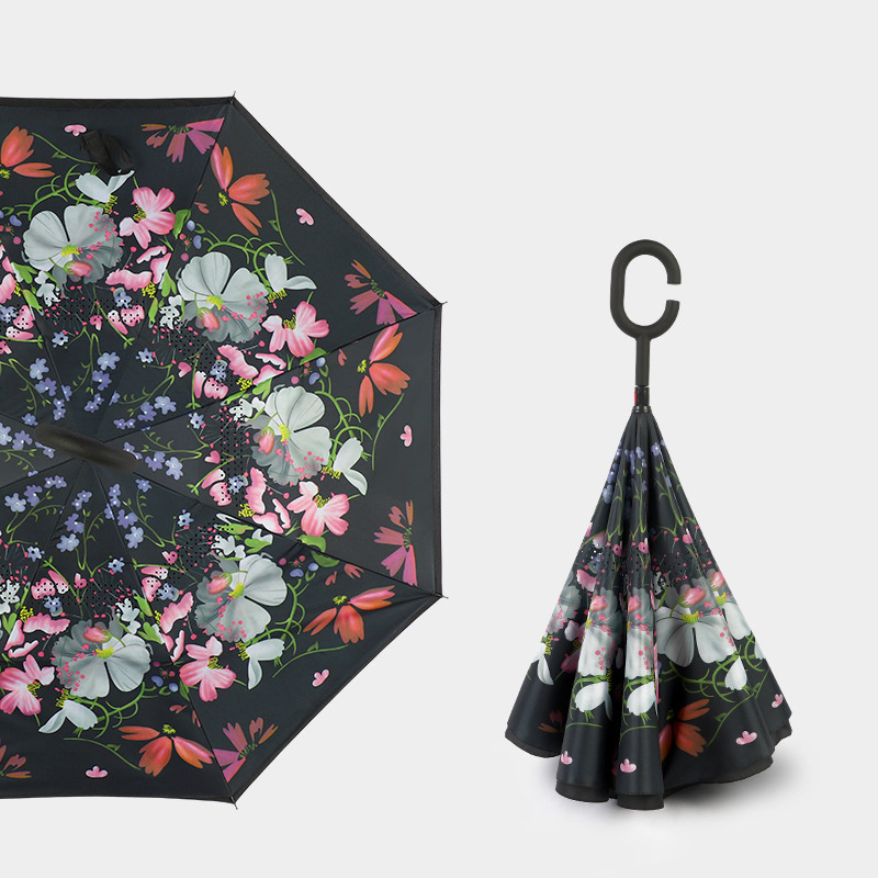 Chinese Manufacture New fashion design hands,free C handle smart double layers inverted rain Umbrellas/