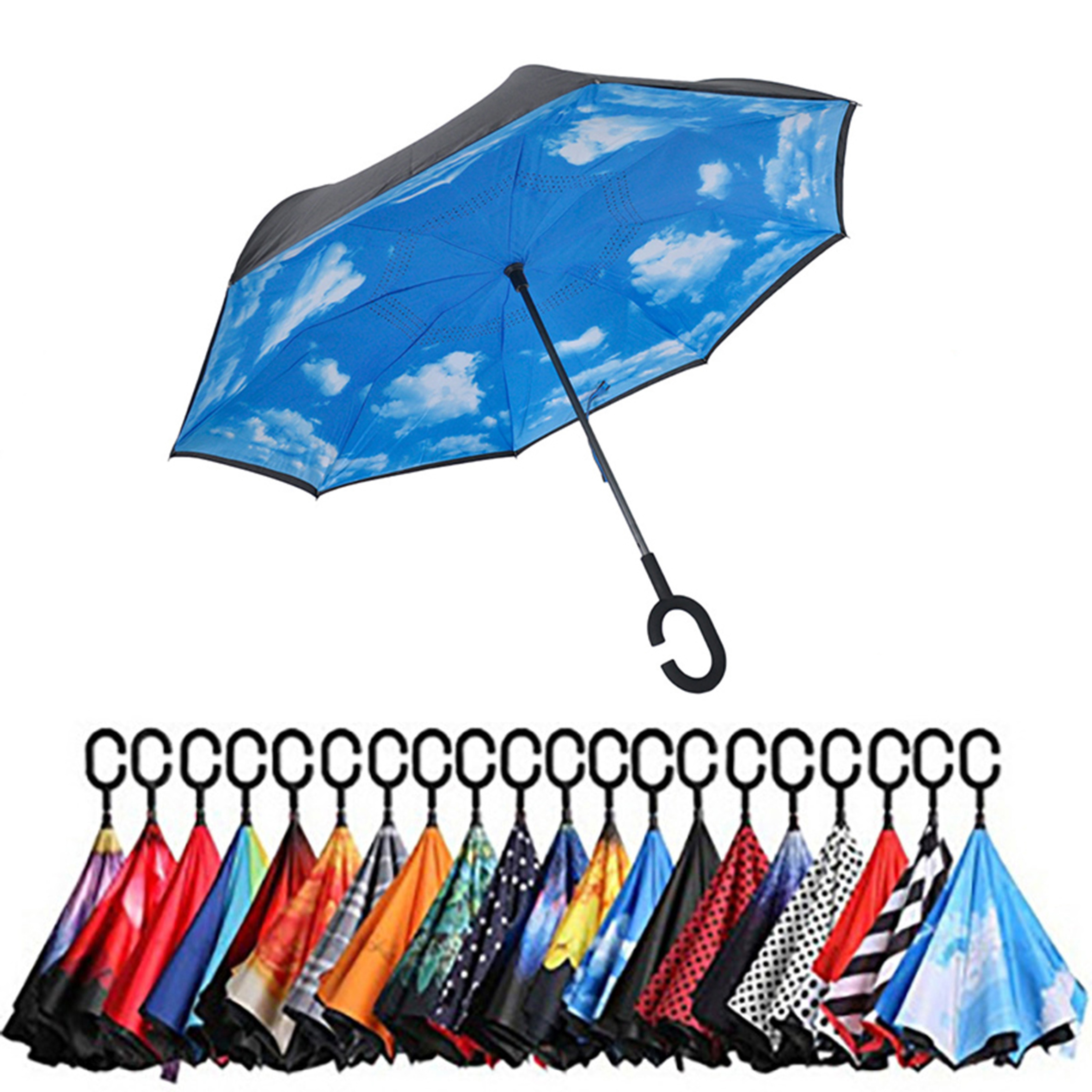 In Stock Custom Double Layer Manual Inside Out,C Shape Handle Inverted Reverse Umbrellas With logo prints/