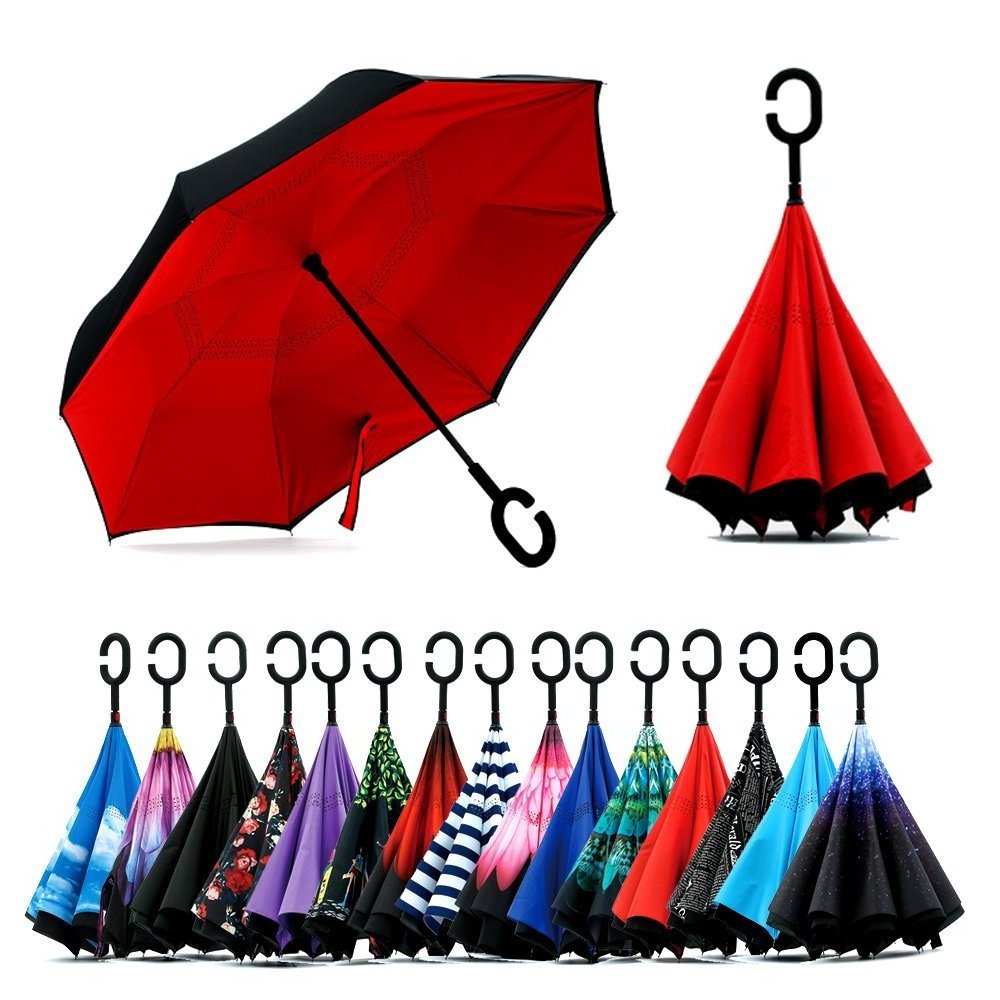 Self Stand Upside Straight Umbrellas Double Layer Inverted,Car Parasol Uv Protection C Shaped Handle Reverse Umbrellas/