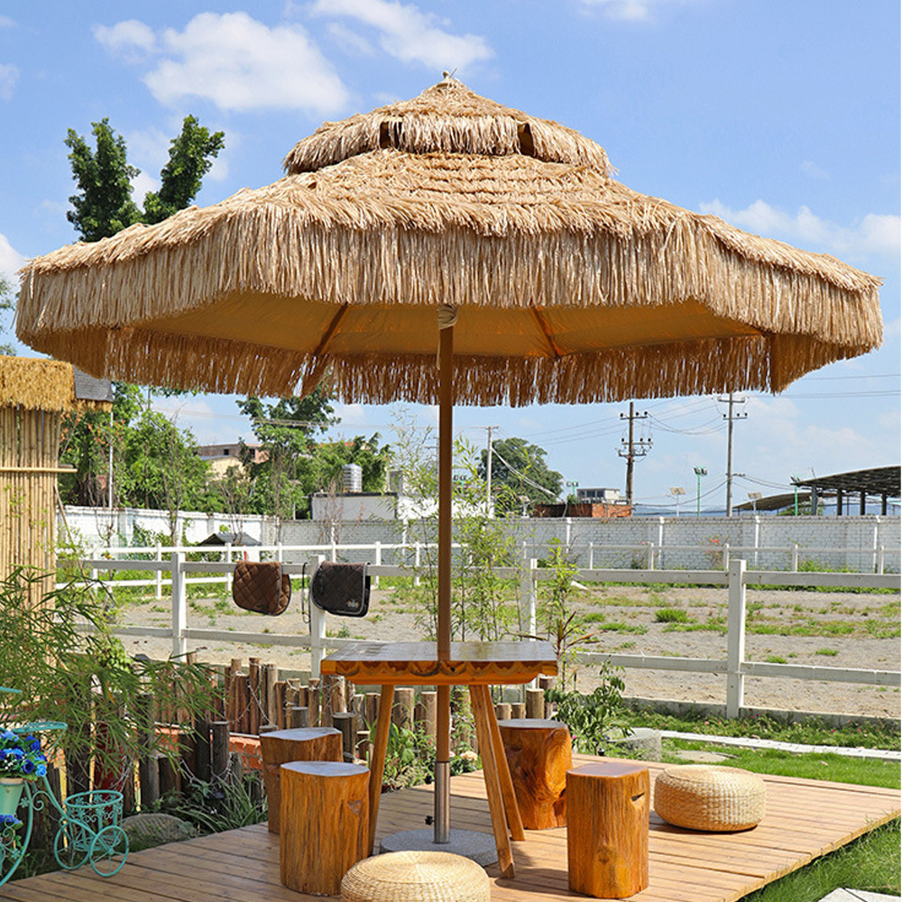 180CM 6FT Round Hawaii Tropical Synthetic Thatch,tiki Tilt Straw Raffia Beach Umbrellas with Wood Customized OEM ODM Modern