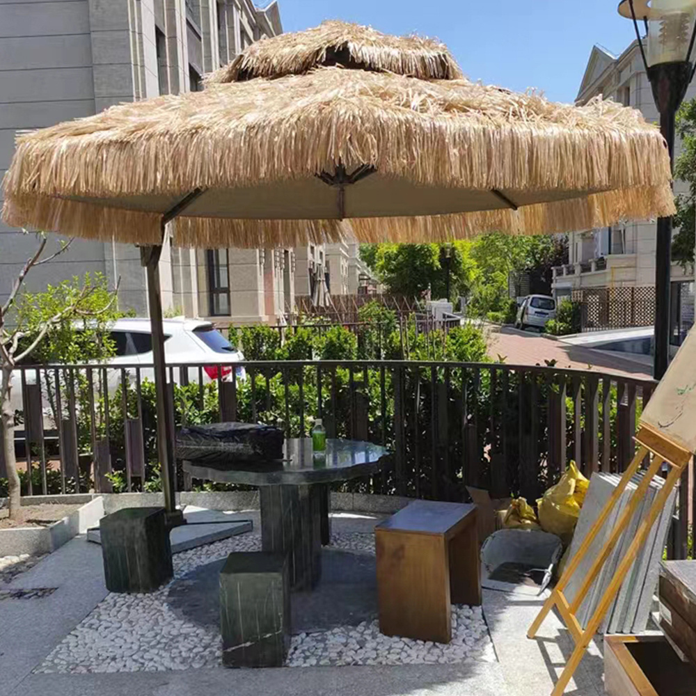 180CM 6FT Round Hawaii Tropical Synthetic Thatch,Tilt Straw Raffia Beach Umbrellas with Wood Painted Effect Pole UV 30/