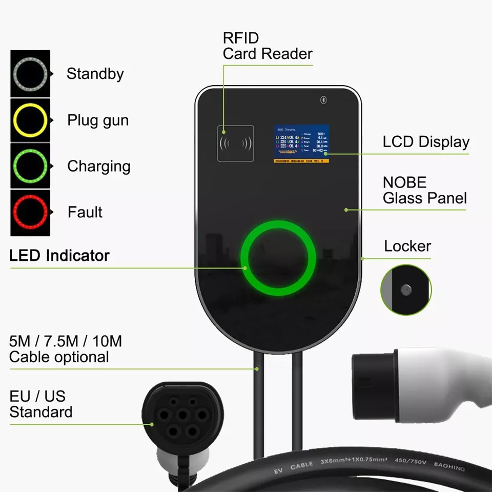 EV Charger OCPP Type 2 Charge Cable 11kw Wallbox 7kw 11kw 22kw 3 phase RFID Electric Car Charging Station with APP