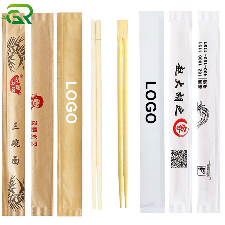 Japanese Custom Logo Printed Ramen Sushi Tensoge Twin Chopstick Chinese Bamboo Disposable Chopsticks with Paper Package Sleeve