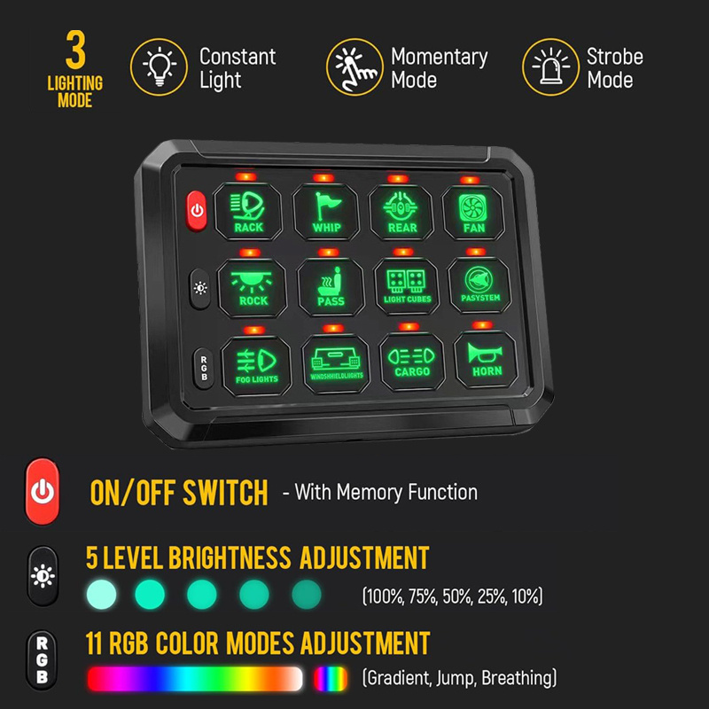 12 Gang Auxiliary Swith Panel 12V 24V Multifunction RGB LED Switch Panel APP Control for Truck UTV Offroad Car