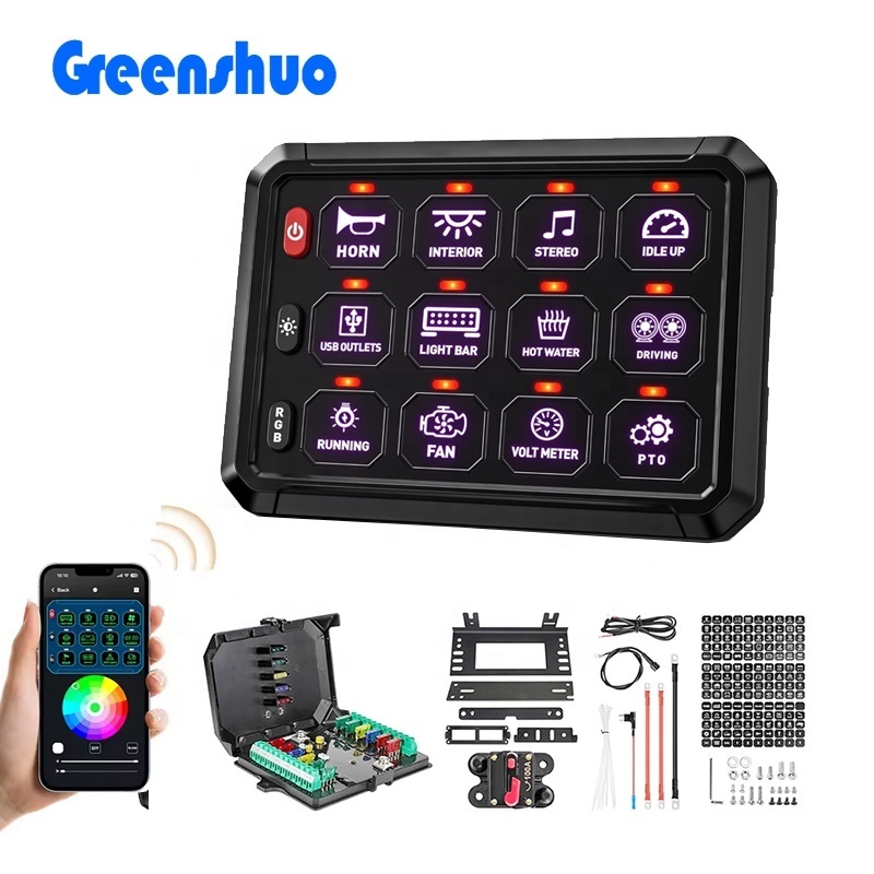 12 Gang Auxiliary Swith Panel 12V 24V Multifunction RGB LED Switch Panel APP Control for Truck UTV Offroad Car