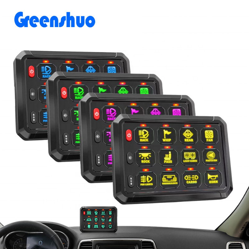 12 Gang Rocker Switch Panel with Circuit Control Box RGB Dimming for Offroad Light Marine Automotive Switch Panel