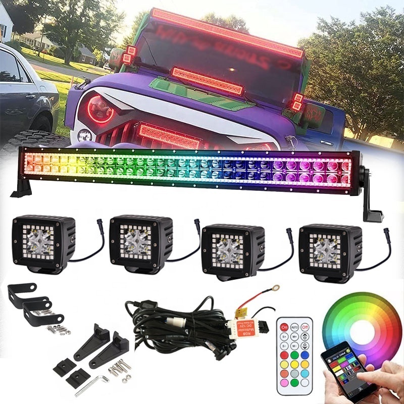 Wholesale Set 12v RGB Chasing LED Light Bar and RGB Work Light Led Pod Bluetooth APP Control for Truck Jeep 4x4