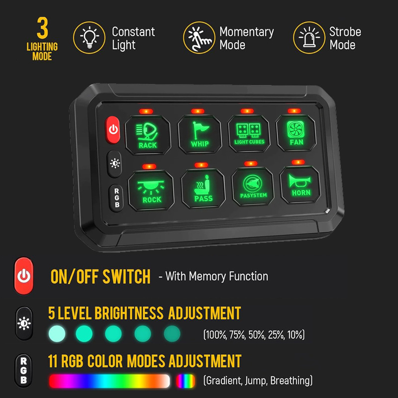 Greenshuo Automotive Marine 12V Rocker Switch 24v RGB Wireless Switch Panel 8Gang