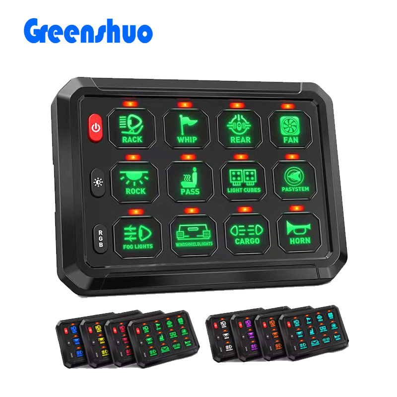 12 Gang Rocker Switch Panel with Circuit Control Box RGB Dimming for Offroad Light Marine Automotive Switch Panel