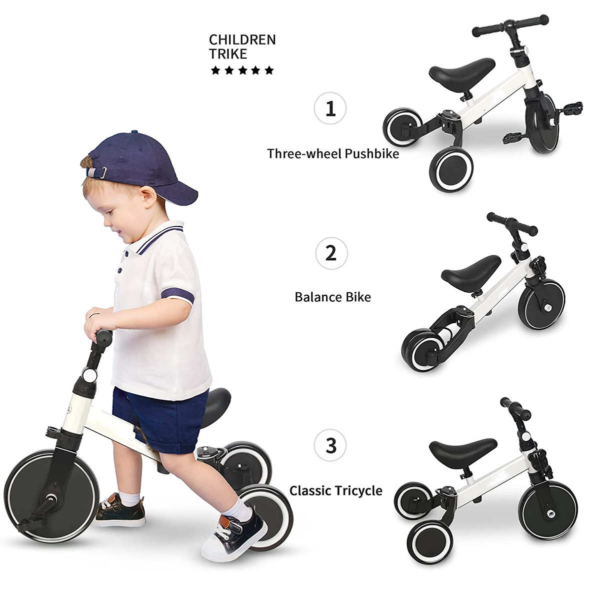 3 in 1 Toddler Bike for 1-4 Years Old Kids, Toddler Tricycle Kids Trikes Tricycle Ideal for Boys Girls, Balance Training bike