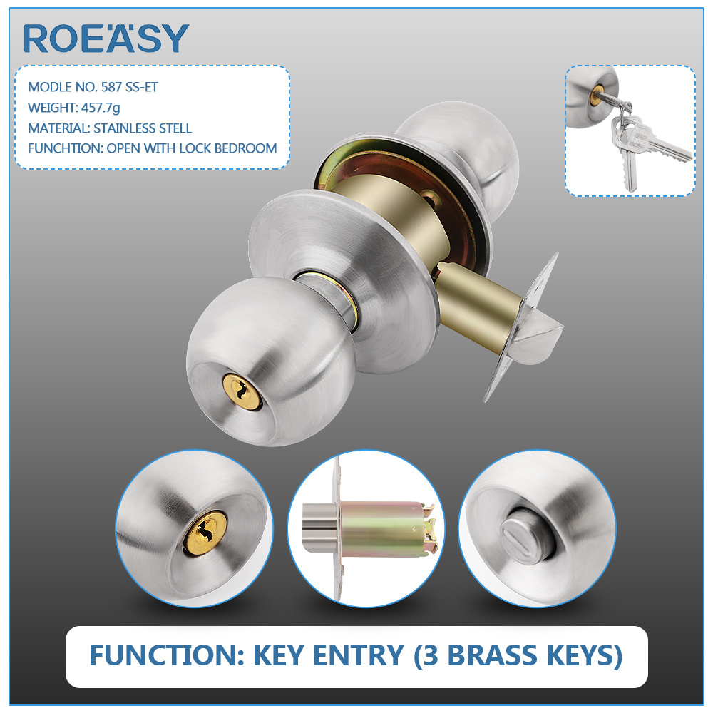 ROEASY Hardware Keyed Entry Door Knob with Lock, Interior and Exterior Door Lock, Standard Ball, Satin Nickel