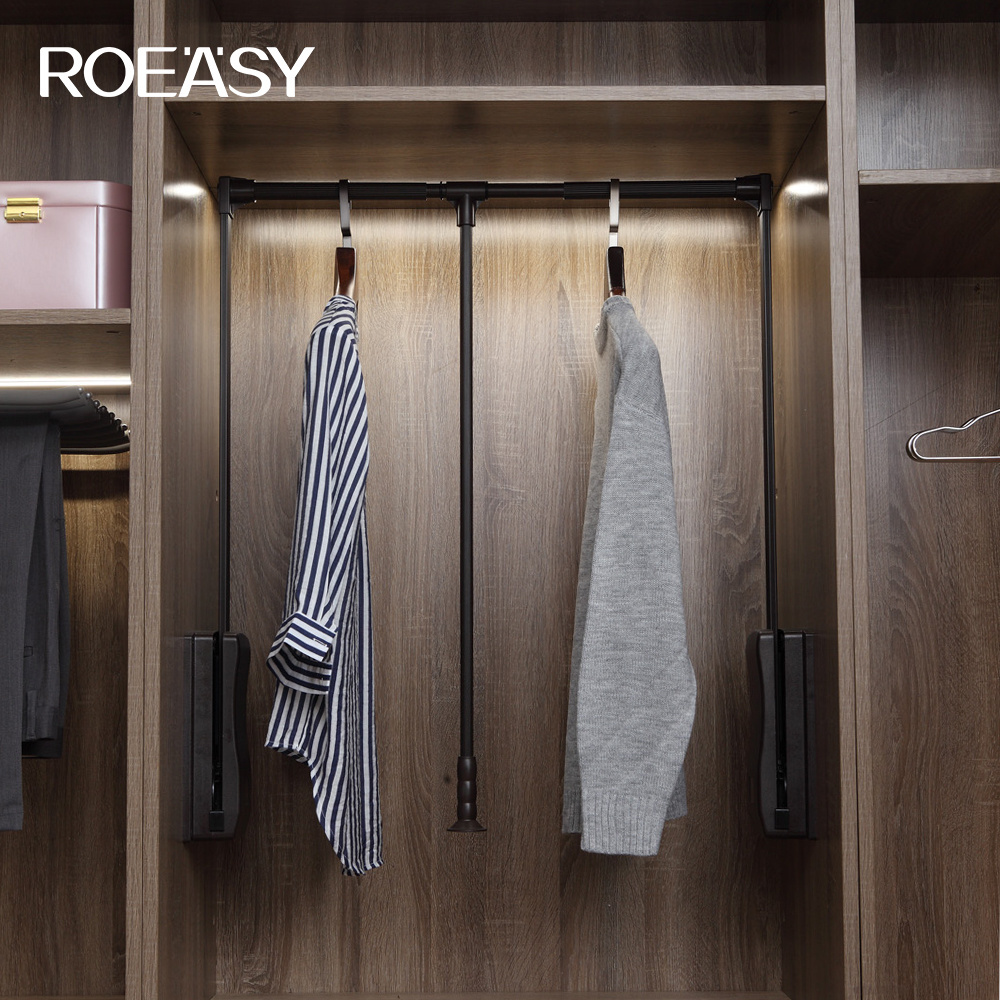 ROEASY Wardrobe Accessories rack pull out shelves Metal Aluminum Plastic Closet Clothes Hanger RAIL Pull Down Lift Hangers