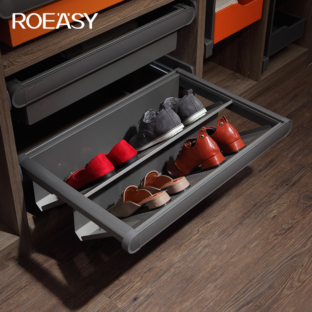 roeasy  hardware soft closing revolving shoe rack organizer pull out rotating 360 rotary shoe rack for wardrobe closet storage