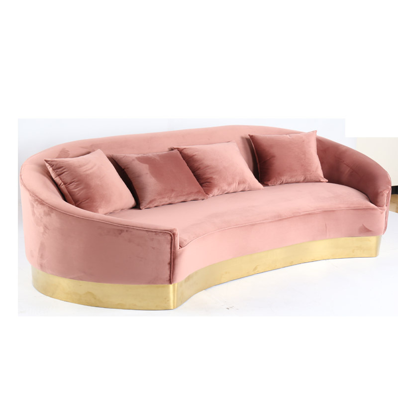 Pink Curved Modern Furniture Sleeping Couch Fabric Velvet Living Room Sofa with Gold Base Feet High Density Foam