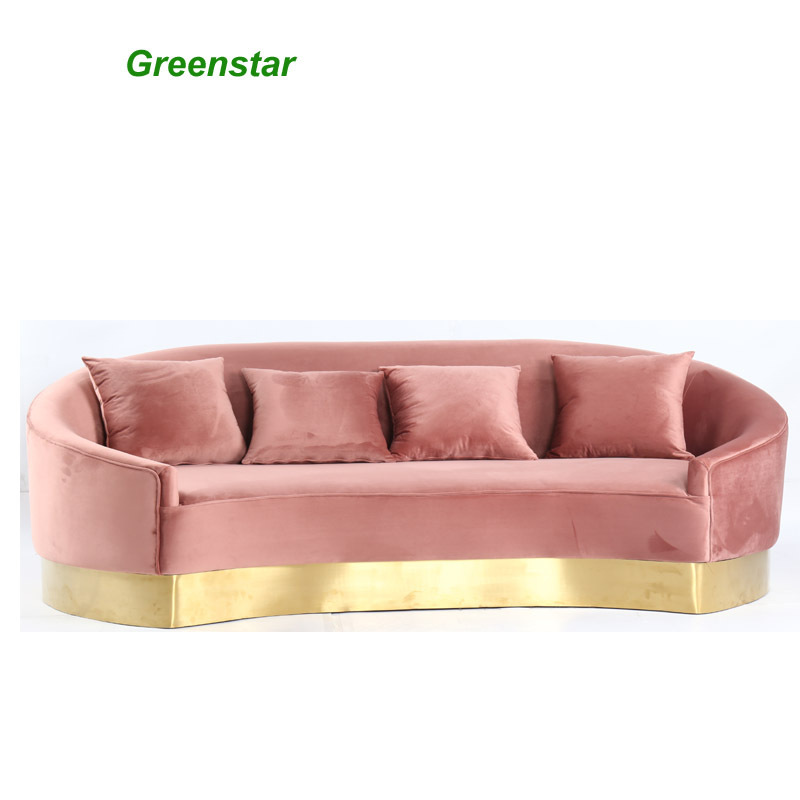 Pink Curved Modern Furniture Sleeping Couch Fabric Velvet Living Room Sofa with Gold Base Feet High Density Foam