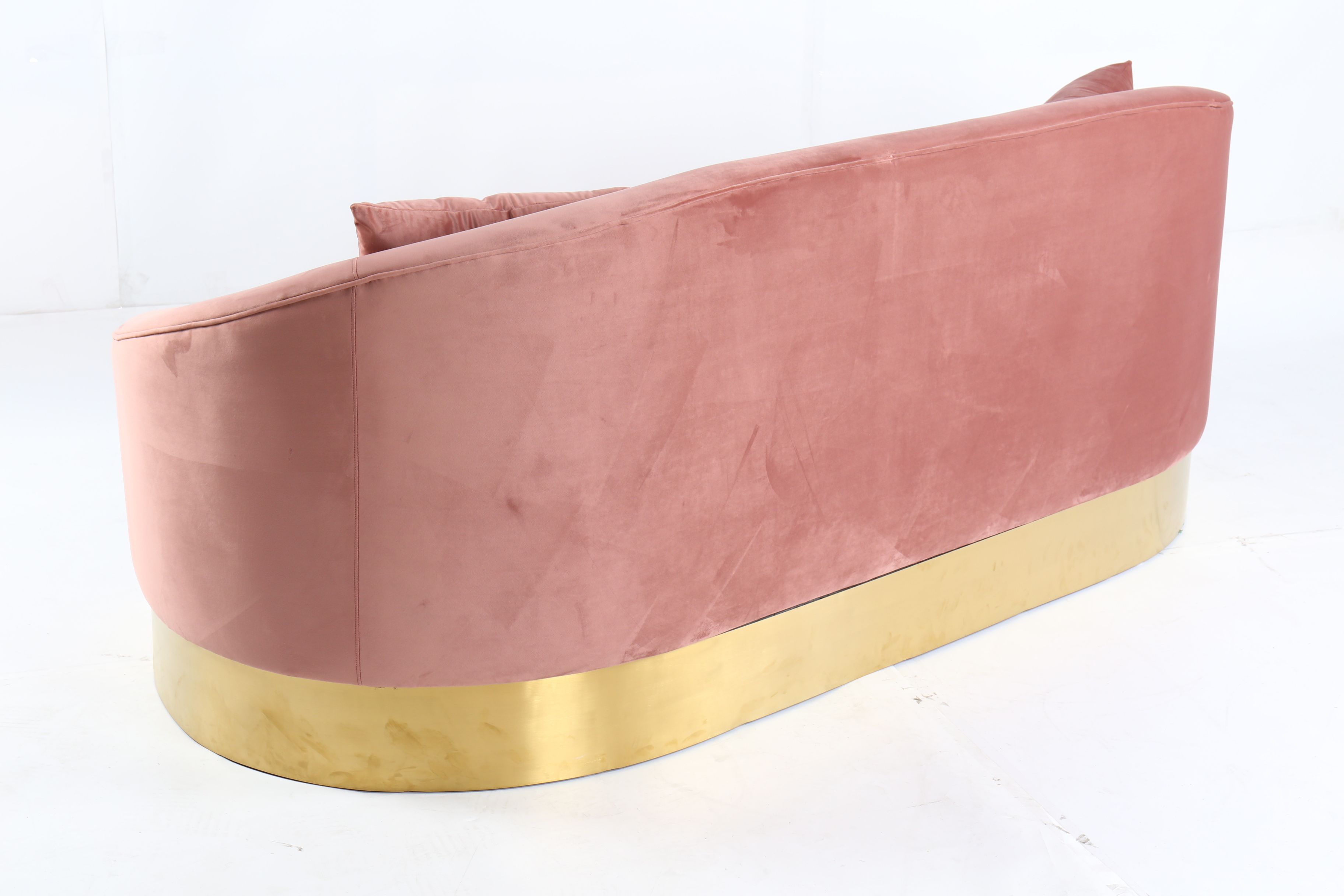 Pink Curved Modern Furniture Sleeping Couch Fabric Velvet Living Room Sofa with Gold Base Feet High Density Foam