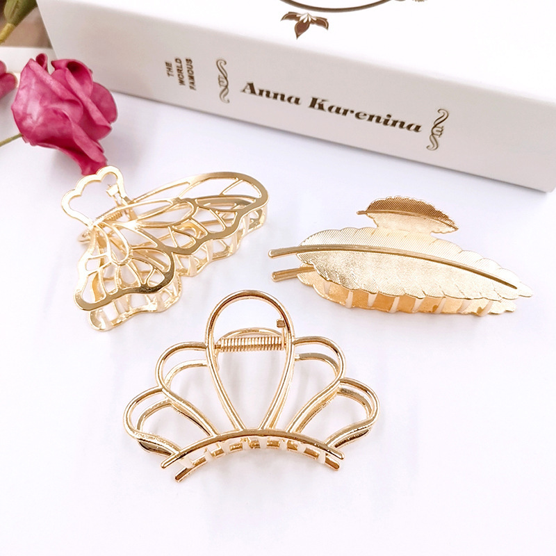 3inch Vintage metal hair claw clips feather leaf crown metal large hair clips claws for women hair accessories