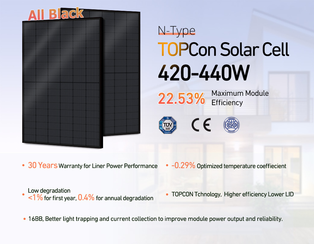 Full Black Topcon Solar Panel 420W 425W 430W 440W 450W Bifacial Mono Panel Solar N Type for Home Power