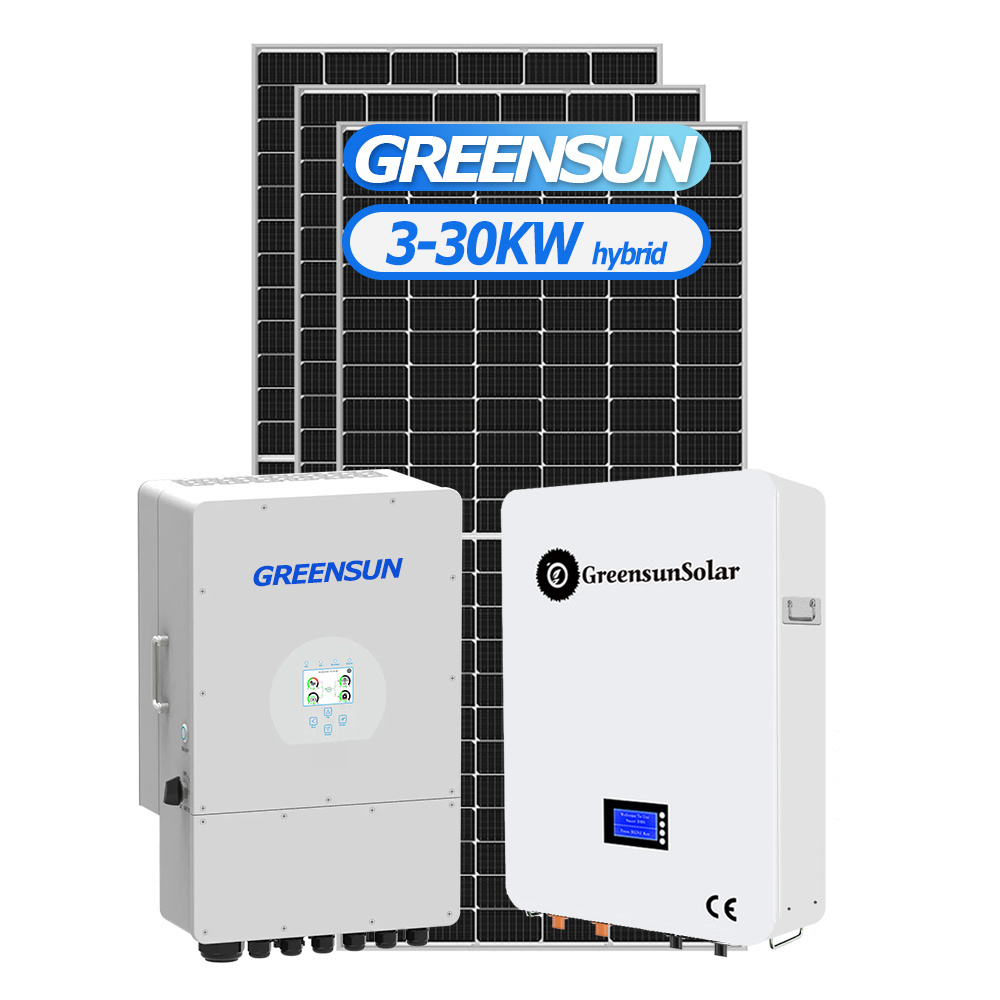 Greensun hybrid on off grid 3kw 5kw 10kw 15kw 25kw 30kw with 10kwh 30kwh lithium battery complete solar system