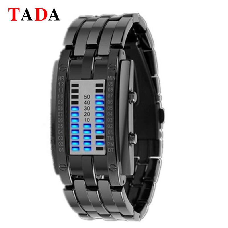 TADA Brand Luxury Binary Electronic Watches Silver/Black Stainless Steel Waterproof Women Men Digital Led Sports Watch