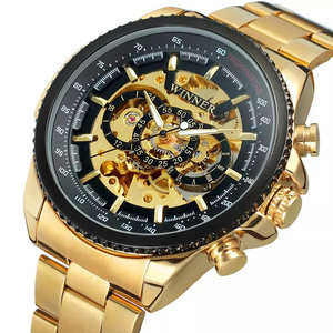 Top Brand Luxury Gold WINNER Men Watch Cool Mechanical Automatic Wristwatch Stainless Steel Band Male Clock Skeleton Roman Dial