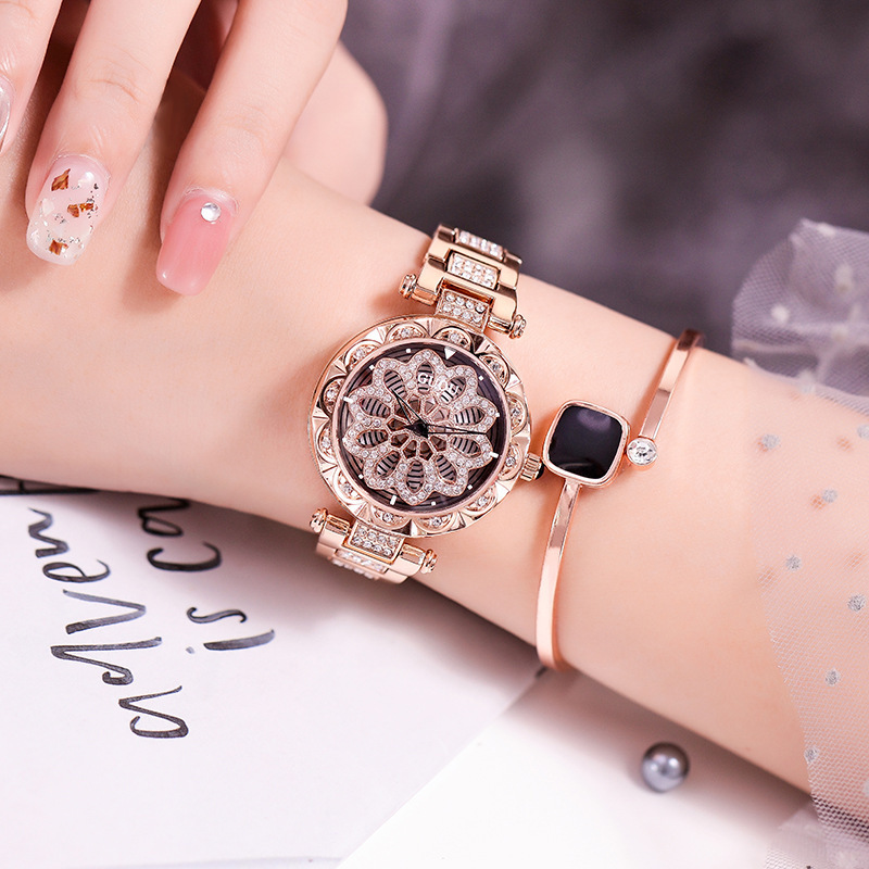 GUOU New Top Brand Watch Ladies Rose Gold 360 Degree Rotation Women Watch Woman Diamond Quartz Watches Clock Relogio Feminino