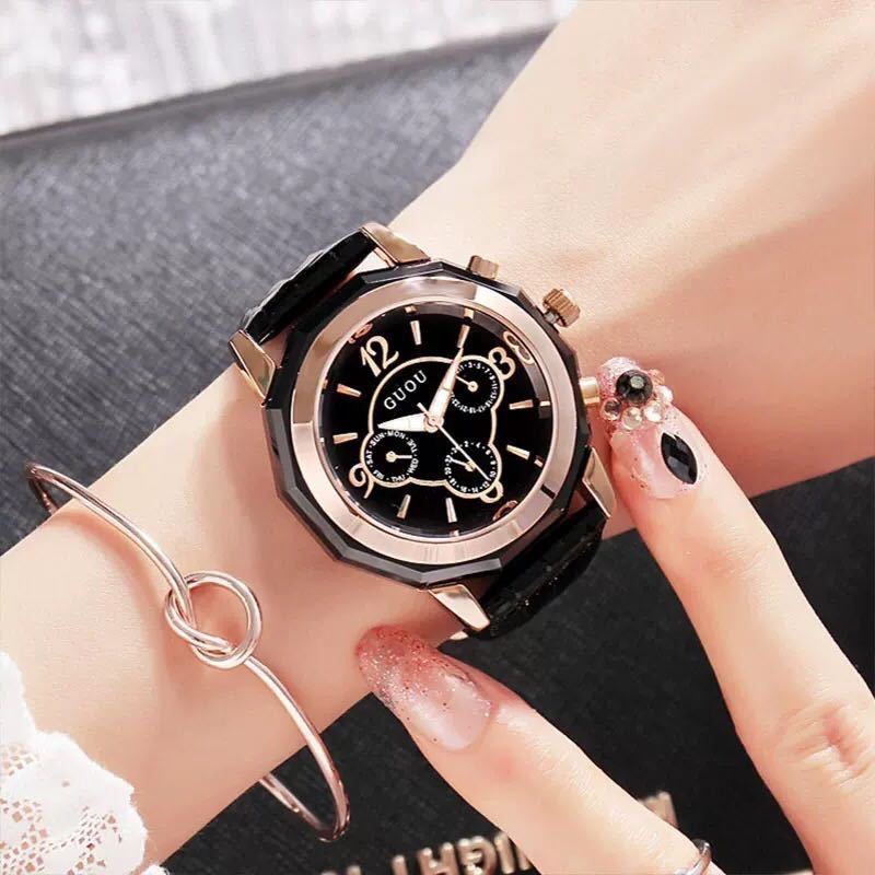 GUOU Women Quartz Watches Genuine Leather Dress Watch 3 dials design Analog Japan Movement Ladies watch relojes relogio feminino