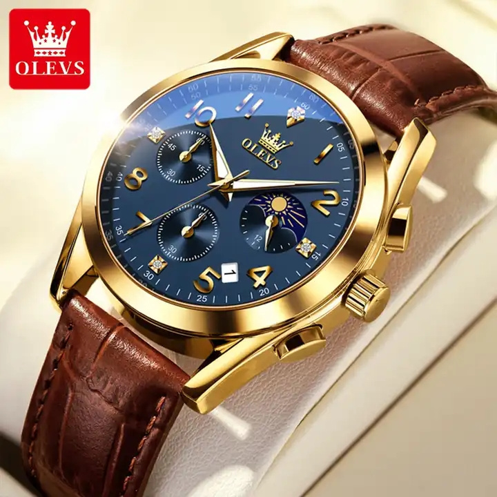 OLEVS 2890 New In Original Quartz Watch for Men Leather Strap Fashion Men's Wristwatch Chronograph Moon Phase Sports Male Watch