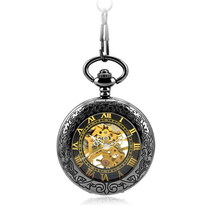 Black Steampunk Skeleton Mechanical Pocket Watch Men Antique Luxury Brand Necklace Pocket & Fob Watches Chain Male Clock