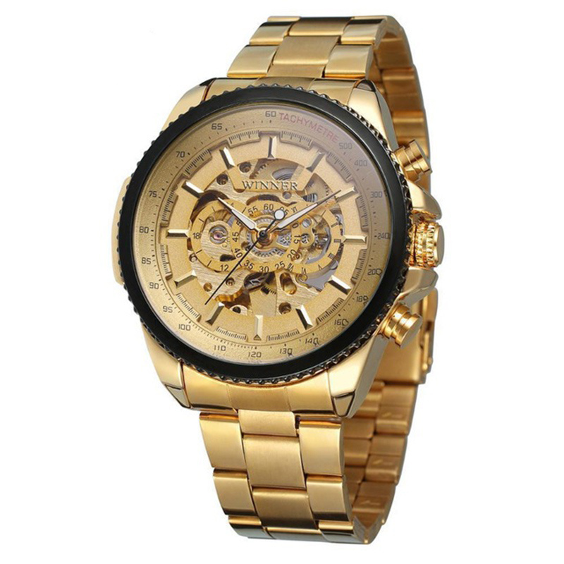 Top Brand Luxury Gold WINNER Men Watch Cool Mechanical Automatic Wristwatch Stainless Steel Band Male Clock Skeleton Roman Dial