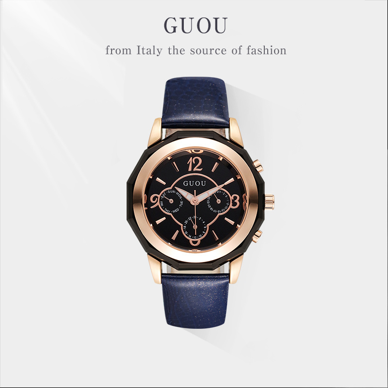 GUOU Women Quartz Watches Genuine Leather Dress Watch 3 dials design Analog Japan Movement Ladies watch relojes relogio feminino