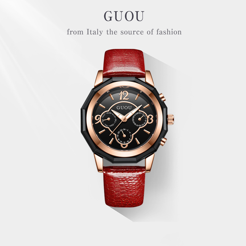 GUOU Women Quartz Watches Genuine Leather Dress Watch 3 dials design Analog Japan Movement Ladies watch relojes relogio feminino