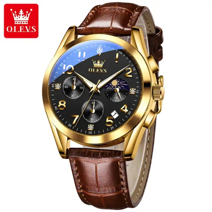 OLEVS 2890 New In Original Quartz Watch for Men Leather Strap Fashion Men's Wristwatch Chronograph Moon Phase Sports Male Watch